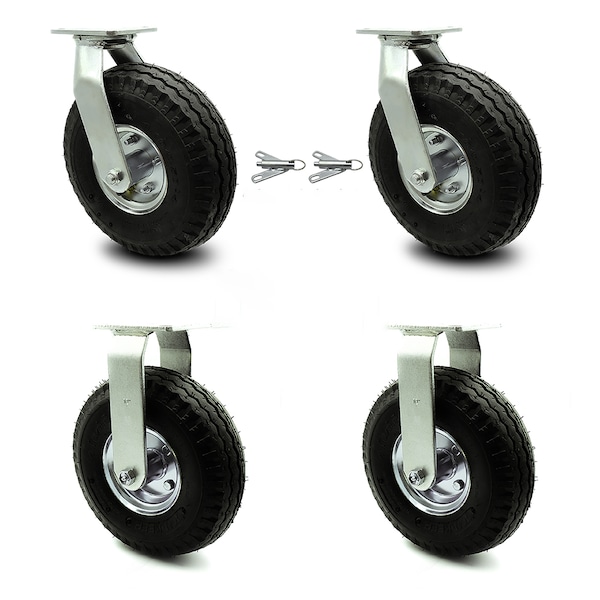 10 Inch Black Pneumatic Wheel Caster Swivel with Swivel Locks and 2 Rigid, 2PK